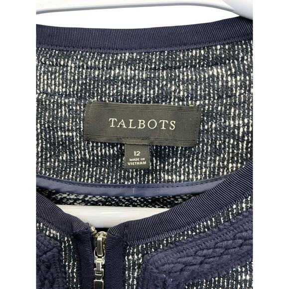 TALBOTS Black Tweed Knit Open Front Blazer Cardigan Jacket Womens Size 12 Navy - Picture 9 of 16